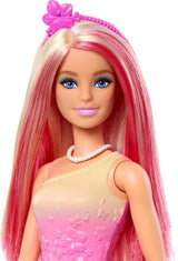 Królewska lalka Barbie z blond i różowymi fantazyjnymi włosami, kolorowymi dodatkami, różowym gradientowym topem i spódniczką w kształcie motyla, lalki HRR08 Naty Shop