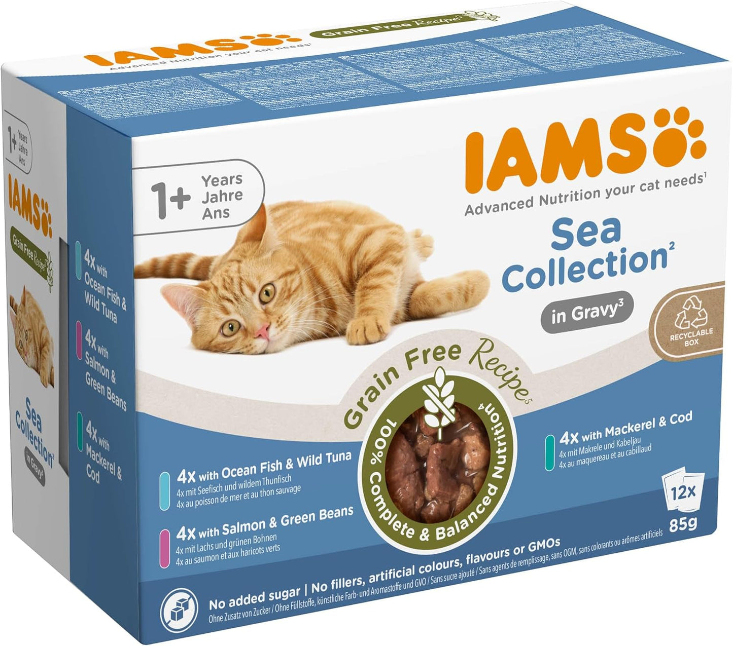 IAMS Delights Sea Collection Bezzbożowa mokra karma dla kotów - opakowanie zbiorcze z różnymi rybami w sosie, bezzbożowa mokra karma dla kotów od 1 roku życia, 12 x 85g
