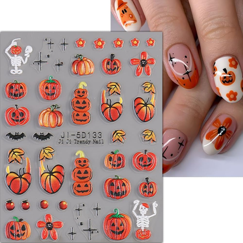 JMEOWIO 3D Nagelsticker Halloween Nail Art Naklejka Selbstklebend Nagelaufkleber 5D Stereoskopisch Süßer Geisterkürbis Dekoration Nageldesign Zubehör 4 Blatt