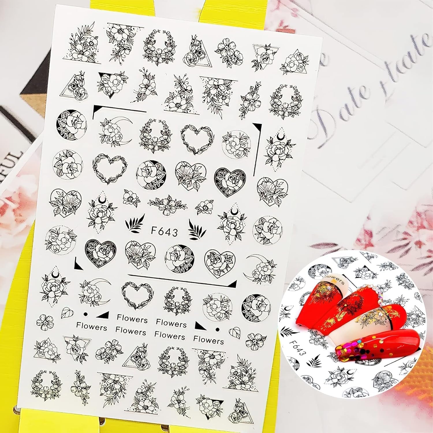 7 Blätter Nagelsticker Selbstklebend Nagelsticker Blumen Abstrakt 3D Schwarz Nagelaufkleber Nageldesign Herzform Wörter Pflanzen Nagel Naklejka DIY Nail Art Zubehör Maniküre Dekoration
