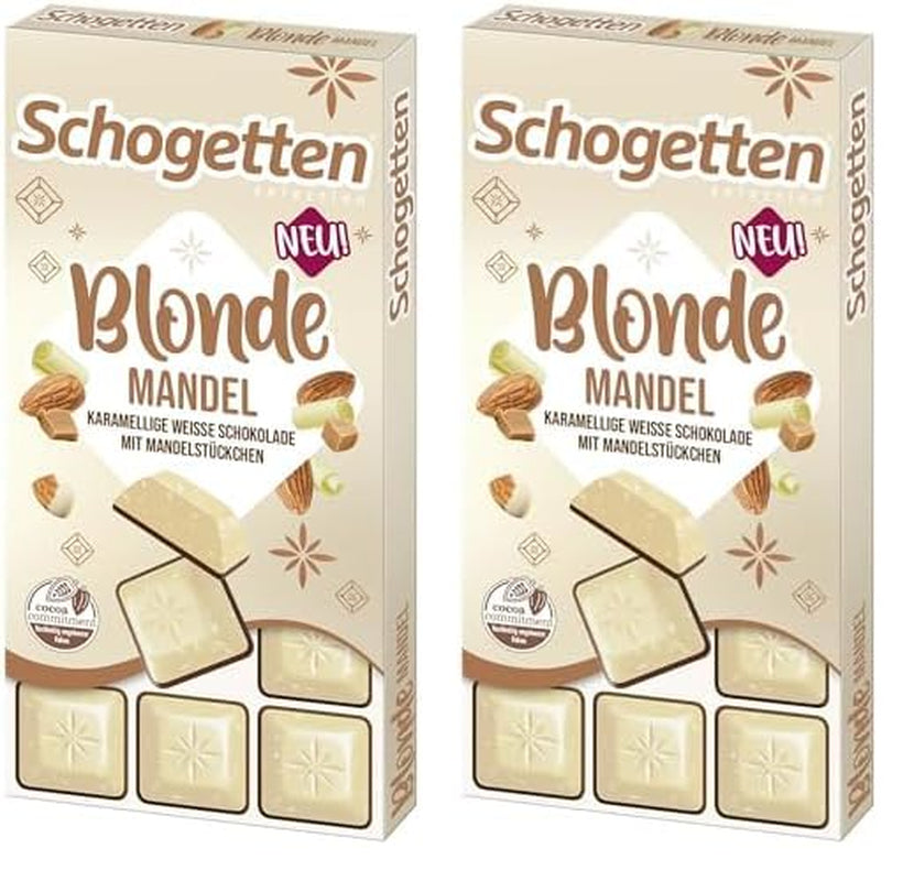 Schogetten Blond Migdał | Biała czekolada z karmelem i kawałkami migdałów | 100 g | Wygodnie porcjowane (opakowanie 2 szt.)