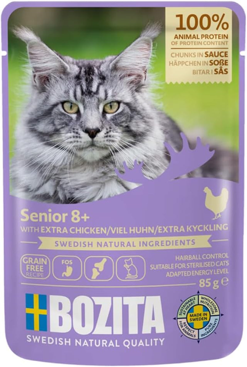 Bozita Senior 8+ Mound karma dla kotów z ziarnami i dużą ilością kurczaka - 12 saszetek x 85g, mokra karma dla kotów bez zbóż i pszenicy - Mokra karma dla kotów z 8,5% białka i 4,5% tłuszczu