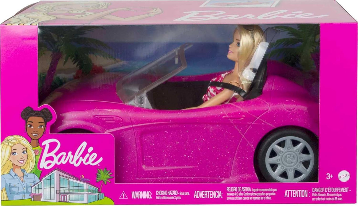 Lalka Barbie i różowy brokatowy kabriolet, realistyczne opony, logo, zabawka dla dzieci w wieku od 3 lat, DJR55