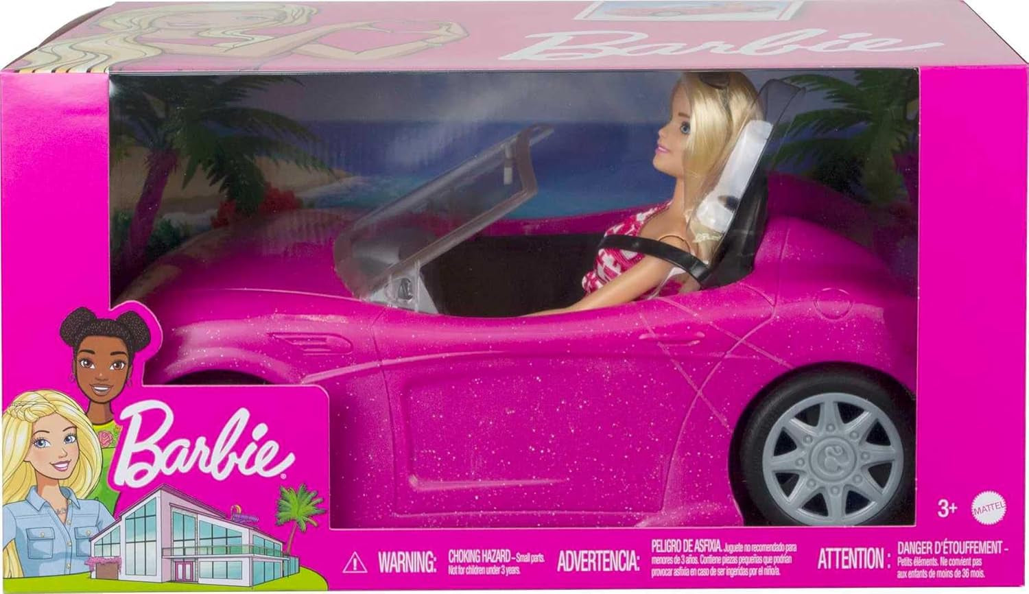 Lalka Barbie i różowy brokatowy kabriolet, realistyczne opony, logo, zabawka dla dzieci w wieku od 3 lat, DJR55