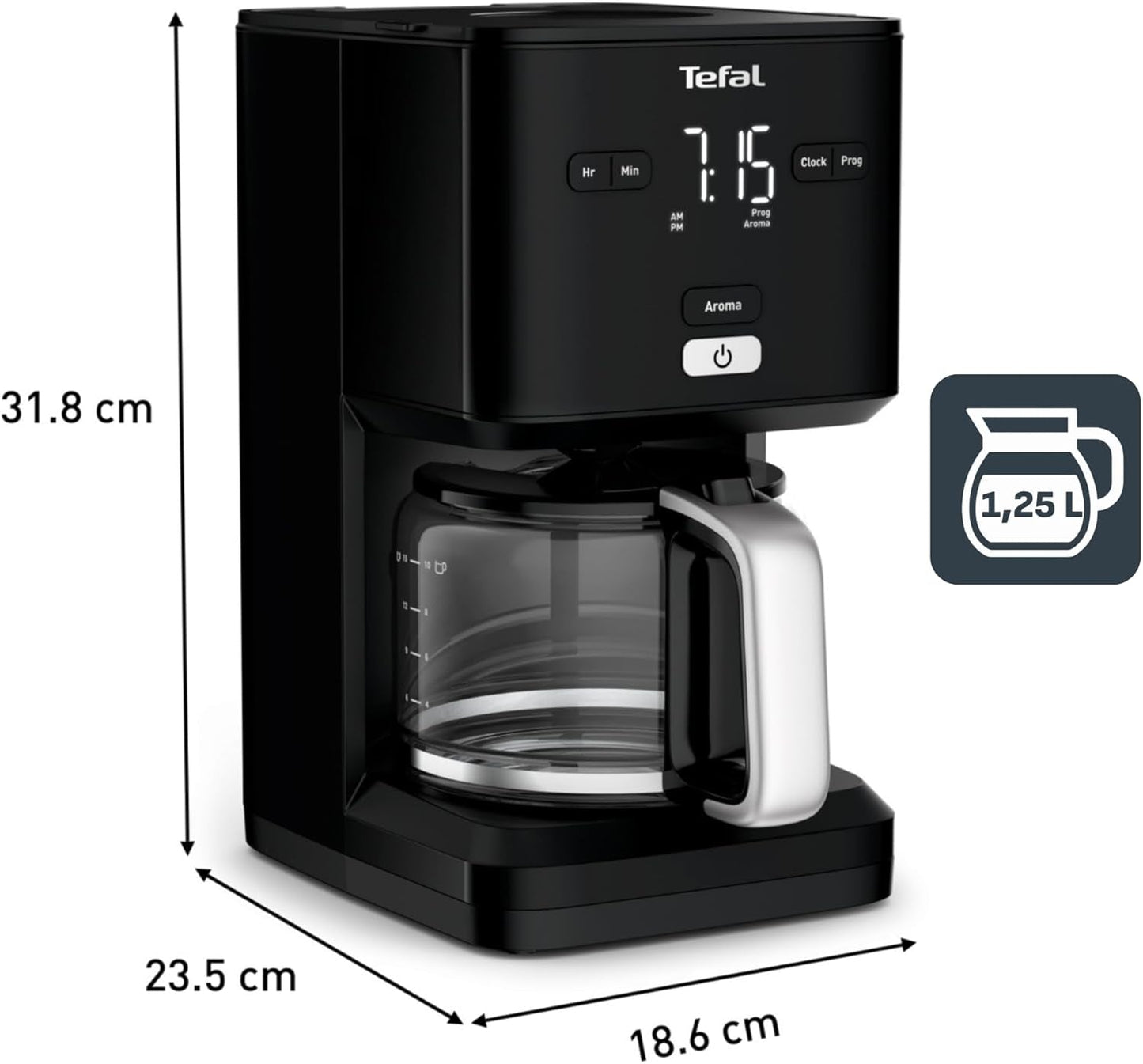 Ekspres do kawy Tefal Smart'n Light z timerem, ekspres do kawy z programowalnym filtrem 1,25 l, funkcja aromatu zapewniająca intensywny aromat, funkcja utrzymywania ciepła, zabezpieczenie przed kapaniem i łatwe czyszczenie, czarny