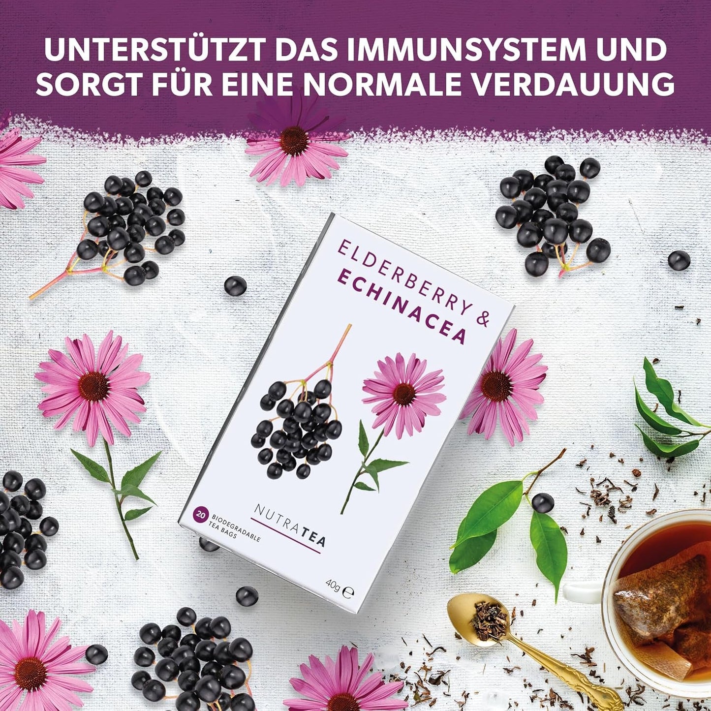 Nutra Tea Herbata z czarnego bzu i echinacei, Herbata na odporność i przeziębienie, Herbata wspomagająca odporność, Walka z przeziębieniem, 20 torebek na herbatę wielokrotnego użytku, Naturalna herbata ziołowa