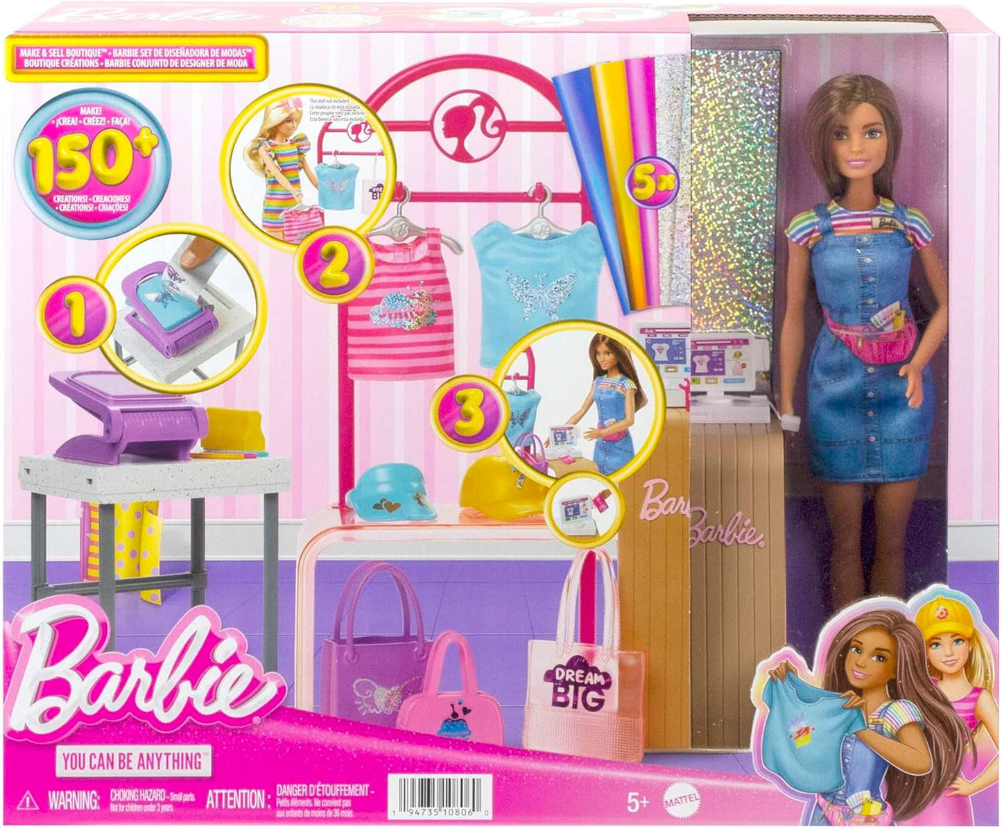 Zestaw Barbie Fashion Boutique - lalka ze wzorem w folię, ponad 150 oryginalnych kreacji, zawiera 2 bluzki i 5 arkuszy folii, stojak na ubrania i czytnik kart kredytowych, wiek powyżej 3 lat, HKT78