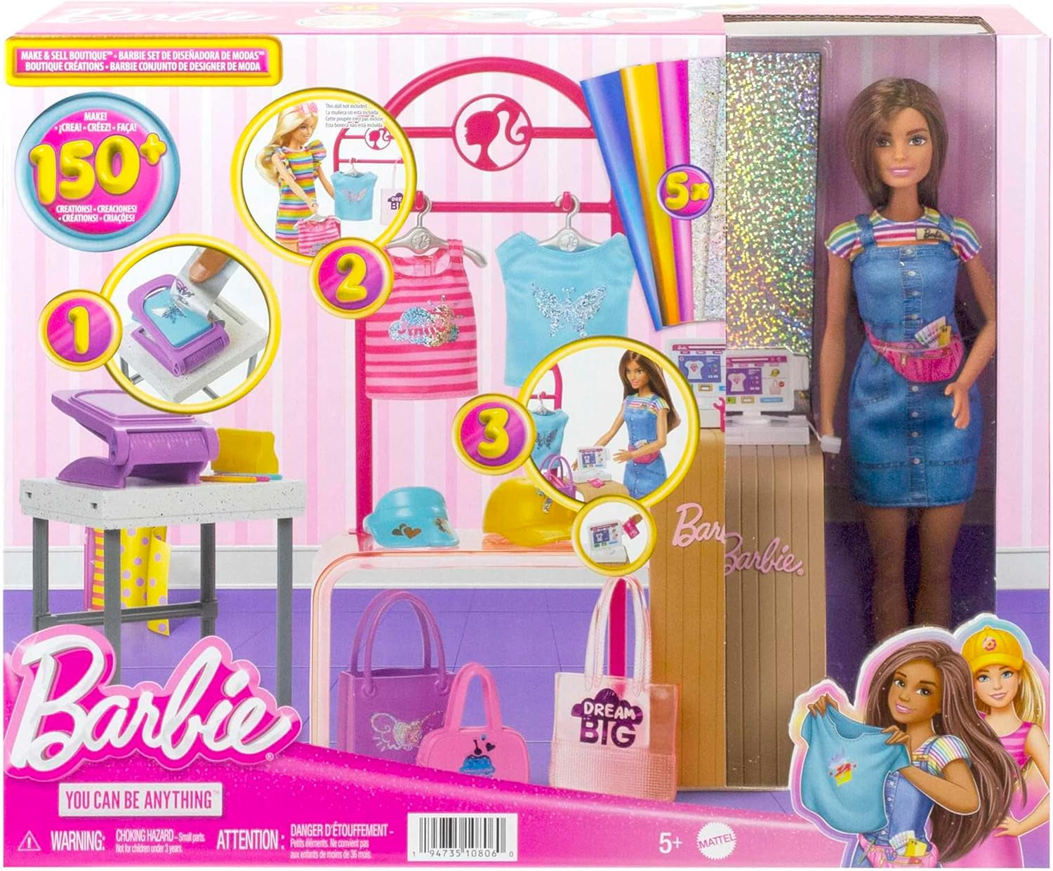 Zestaw Barbie Fashion Boutique - lalka ze wzorem w folię, ponad 150 oryginalnych kreacji, zawiera 2 bluzki i 5 arkuszy folii, stojak na ubrania i czytnik kart kredytowych, wiek powyżej 3 lat, HKT78
