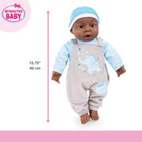Interaktywna lalka bobas Bayer Design 94001AH, chłopiec, mówiąca, miękkie ciało, 40 cm, ciemna skóra, niebieska