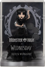 Lalka Monster High Wednesday, figurka kolekcjonerska Rave'N Wednesday w czarnej gotyckiej sukience inspirowanej sceną taneczną, akcesoria premium i stojak na lalki, HXJ03