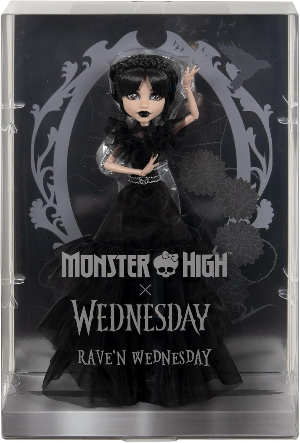Lalka Monster High Wednesday, figurka kolekcjonerska Rave'N Wednesday w czarnej gotyckiej sukience inspirowanej sceną taneczną, akcesoria premium i stojak na lalki, HXJ03