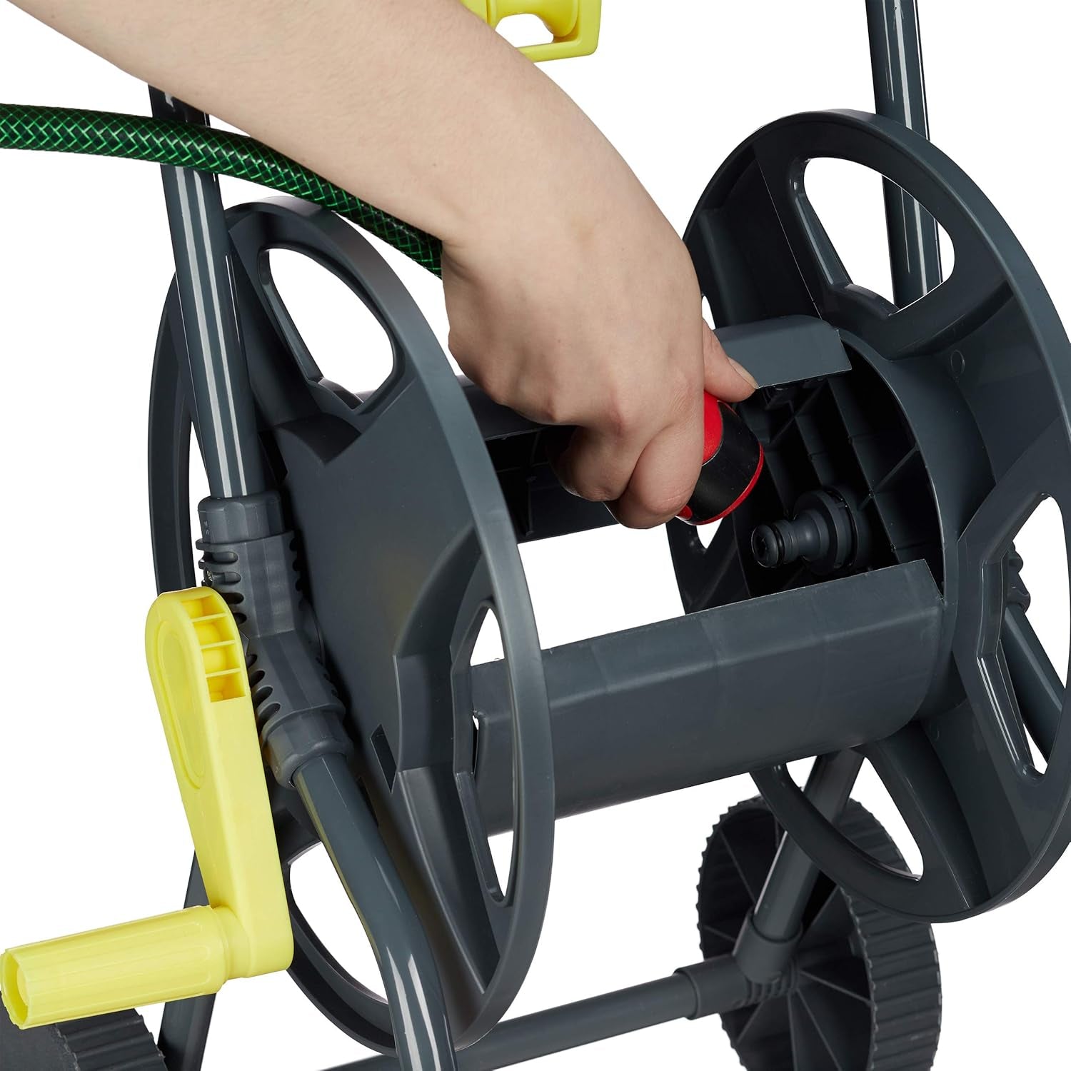 Wózek na wąż Relaxdays 45m, mobilny bęben na wąż ogrodowy i balkonowy, z prowadnicą węża, 76,5x44x41 cm, szaro-żółty