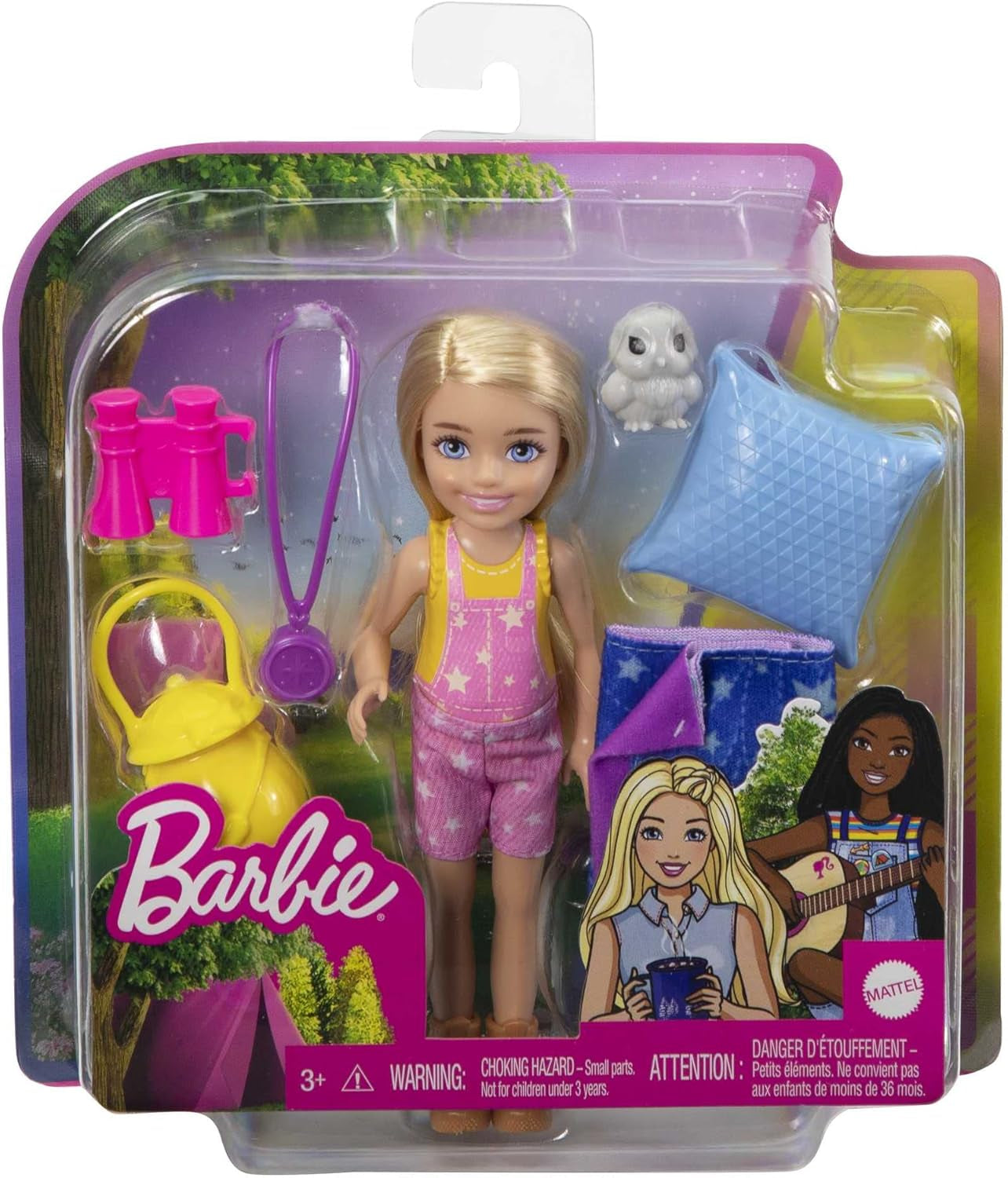 Seria Barbie Chelsea, lalka Chelsea Camping z blond włosami, sowa, śpiwór, poduszka, latarka, lornetka, akcesoria kempingowe, prezent dla dzieci, zabawka od 3 lat i więcej, HDF77