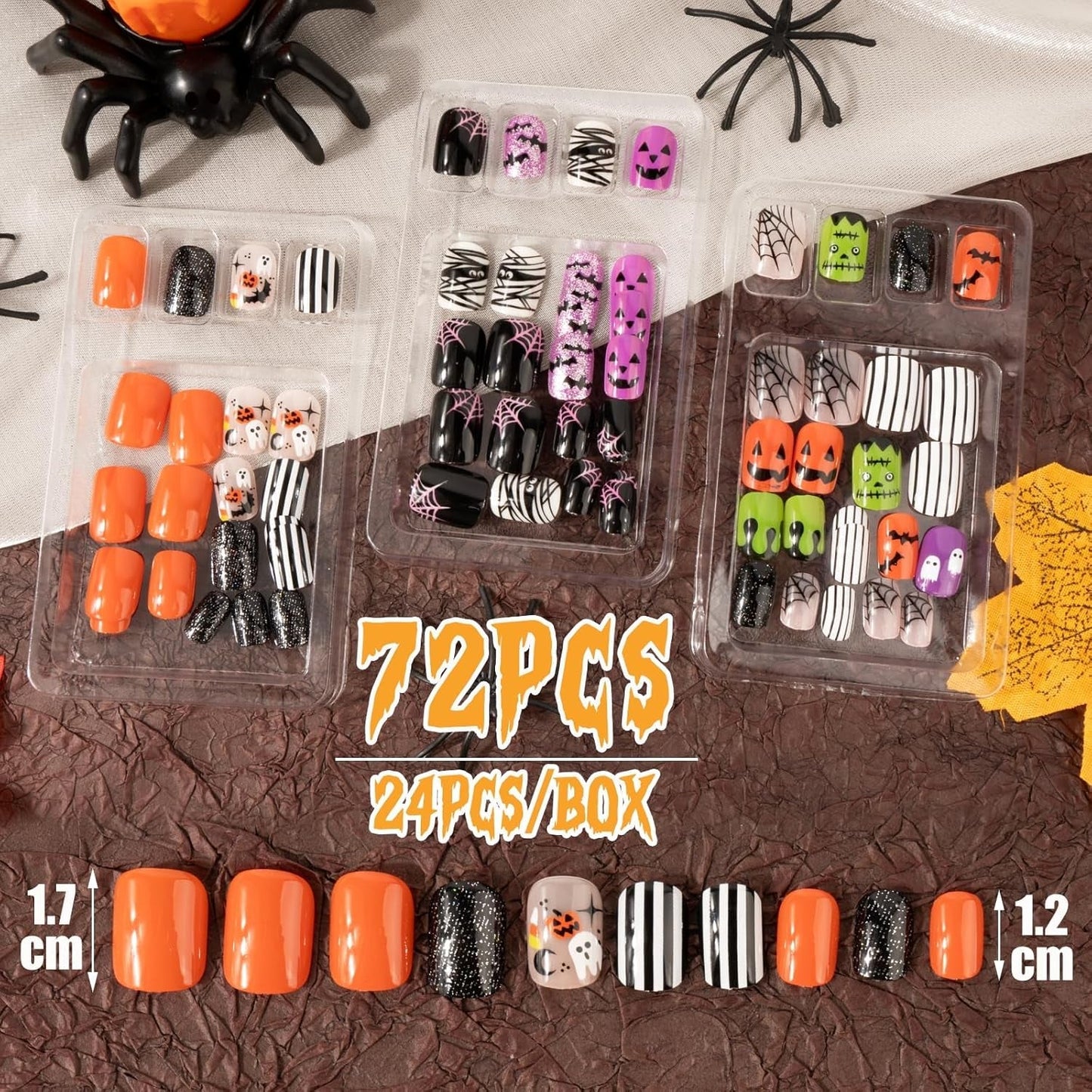 72 szt. Halloweenowe paznokcie Samoprzylepne sztuczne paznokcie Krótkie sztuczne paznokcie Samoprzylepne paznokcie prasowane Dyniowy duch Sztuczne paznokcie Porady Nail Art Pomarańczowy Zielony Czarny