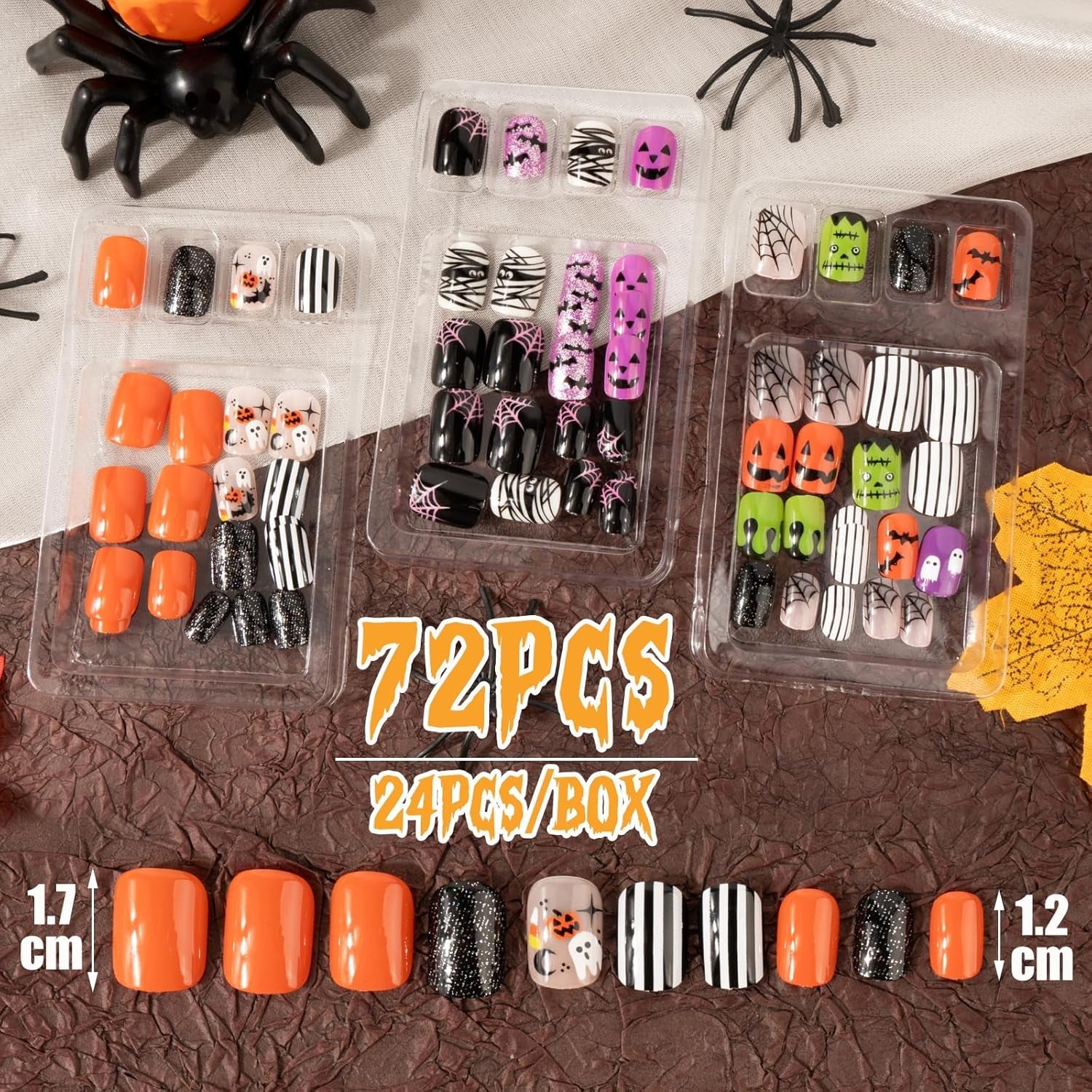 72 szt. Halloweenowe paznokcie Samoprzylepne sztuczne paznokcie Krótkie sztuczne paznokcie Samoprzylepne paznokcie prasowane Dyniowy duch Sztuczne paznokcie Porady Nail Art Pomarańczowy Zielony Czarny