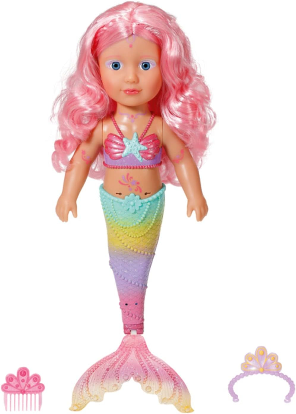 BABY Born Little Sister Mermaid 46 cm Wodoodporna lalka syrenka z długimi włosami i ruchomą brokatową płetwą, w komplecie. tiara i grzebień, 833681 Zapf Creation Dolls Naty Shop
