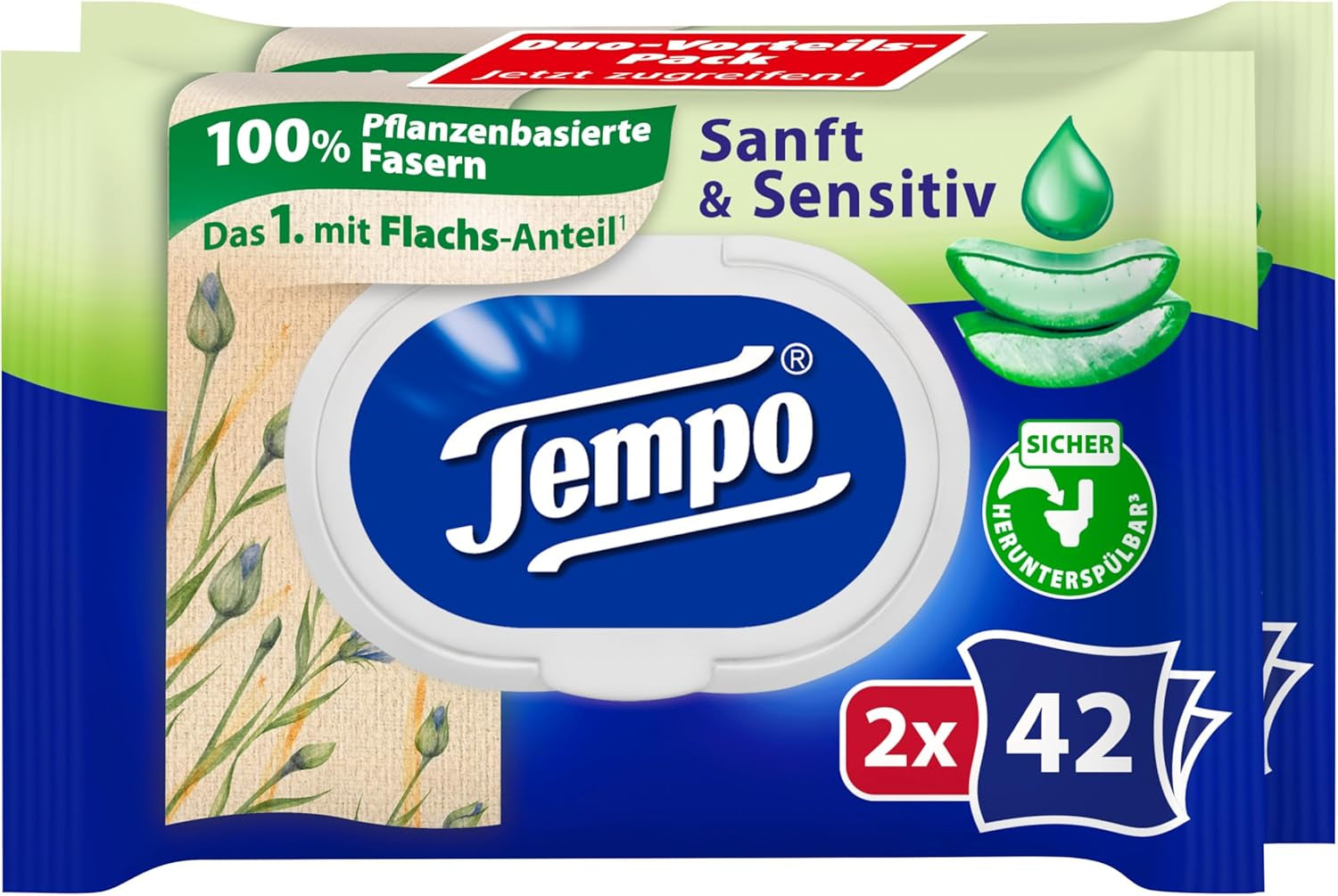 Chusteczki toaletowe nawilżone Tempo „Gentle & Sensitive” - Megapack - 16 opakowań po 42 chusteczki w każdym - Duo Pack - Natural Aloe Vera - Papier higieniczny, testowany dermatologicznie, neutralny dla skóry