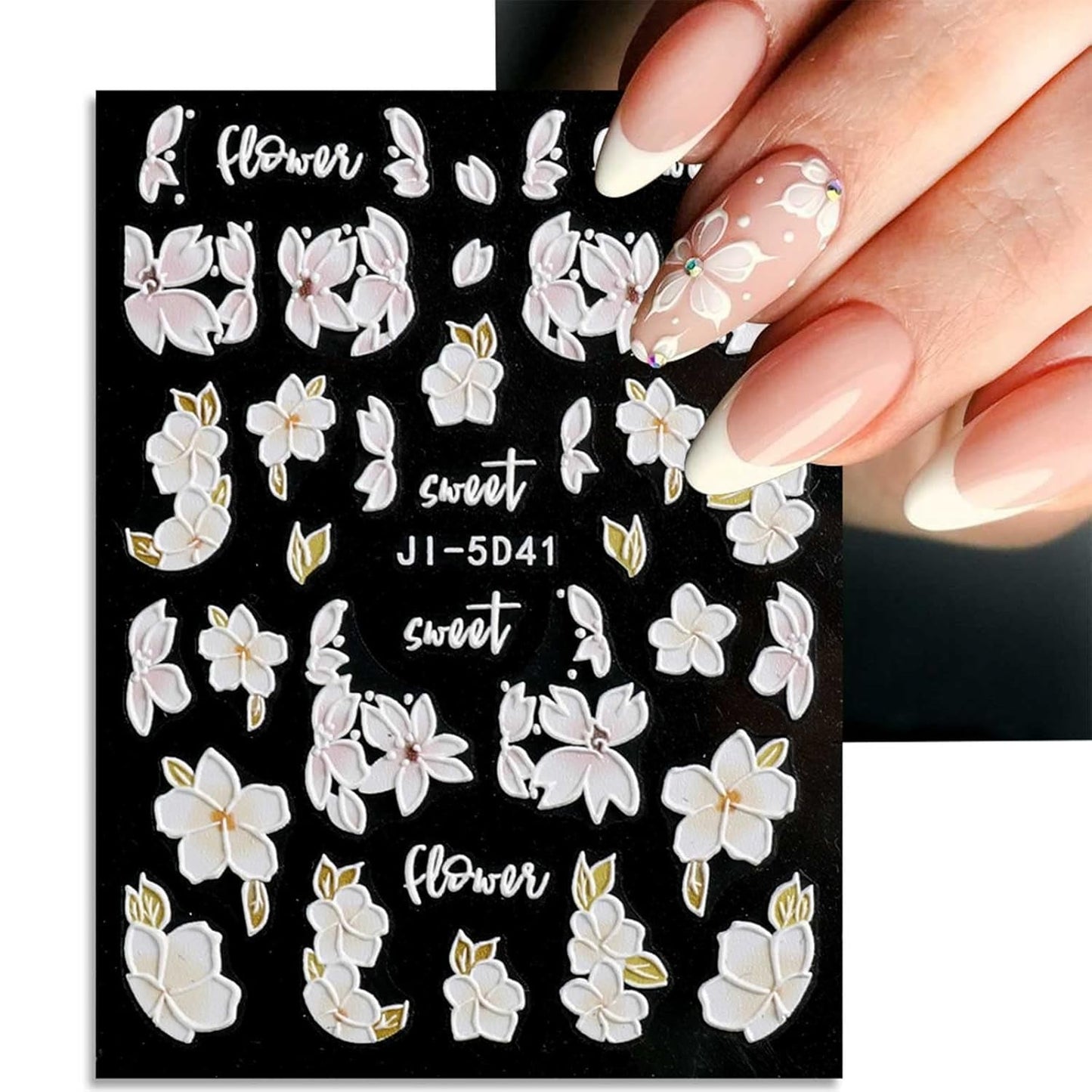 JMEOWIO 3D Nagelsticker Frühling Blume Nail Art Naklejka Selbstklebend Nagelaufkleber 5D Stereoskopisch Buntes Sommer Blumen Dekoration Nageldesign Zubehör 4 Blatt