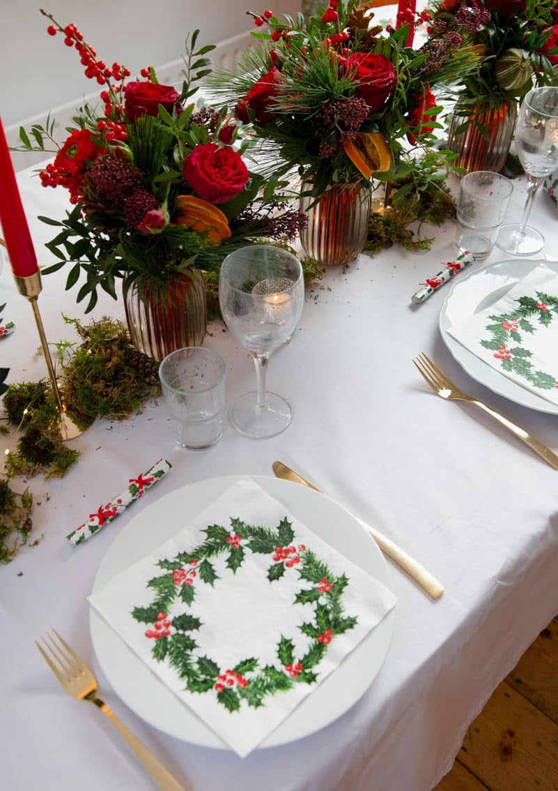 Talking Tables 20 XL Świąteczne serwetki papierowe z wzorem Holly | Luksusowe chusteczki jednorazowe | Wielokrotnego użytku | Idealny na Święta Bożego Narodzenia i przyjęcia | Wysoka jakość | 40 cm x 40 cm