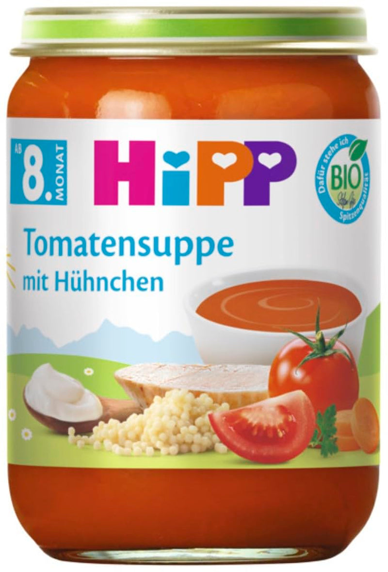 Ekologiczna Zupa Pomidorowa HiPP Kurczak (6 x 190g), od 8 miesiąca życia, bez dodatku soli, z małymi kawałkami - do nauki żucia, z Omega 3, najwyższej jakości organicznej