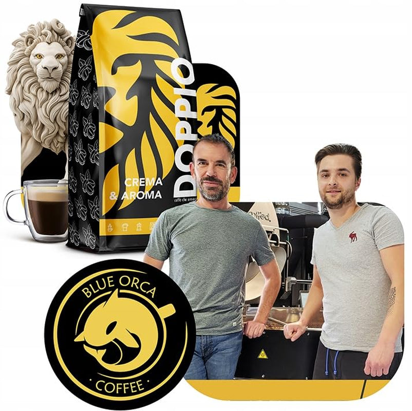 Doppio Krem i Smak 1KG | Kawa ziarnista 80% Arabica i 20% Robusta | z nutami kakao, orzechów i karmelu | Świeże i średnio palone, o niskiej kwasowości | do espresso | Kawa Blue Orca