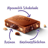 Milka Winogrona i Orzechy Laskowe – Alpejska czekolada mleczna z kawałkami orzechów laskowych i rodzynkami – 90g