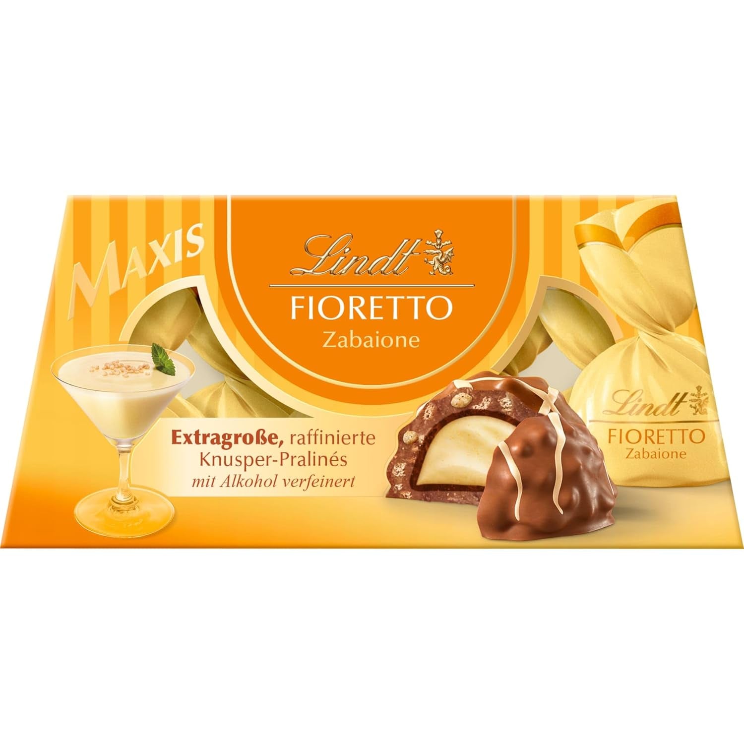 Czekolada Lindta | Zestaw upominkowy FIORETTO Zabaione | 138g | 6 pralinek z mlecznej czekolady z nadzieniem truflowym Zabaione i chrupiącą polewą, zawierające alkohol | Czekoladowy prezent
