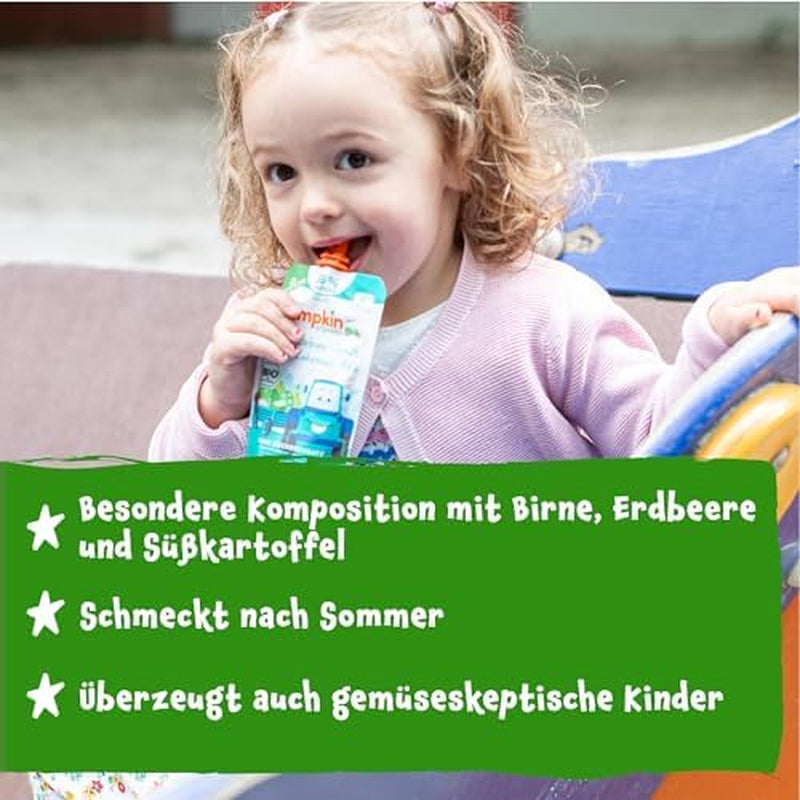 Pumpkin Organics torebki z organicznymi warzywami i zbożami, opakowanie 8 szt.: Gruszka, Truskawki, Bataty, Buraki, Banany, Owies - Bez dodatku cukru¹ - Od 6 miesiąca życia - jako przekąska lub pokarm uzupełniający w opakowaniu (8 x 100g)