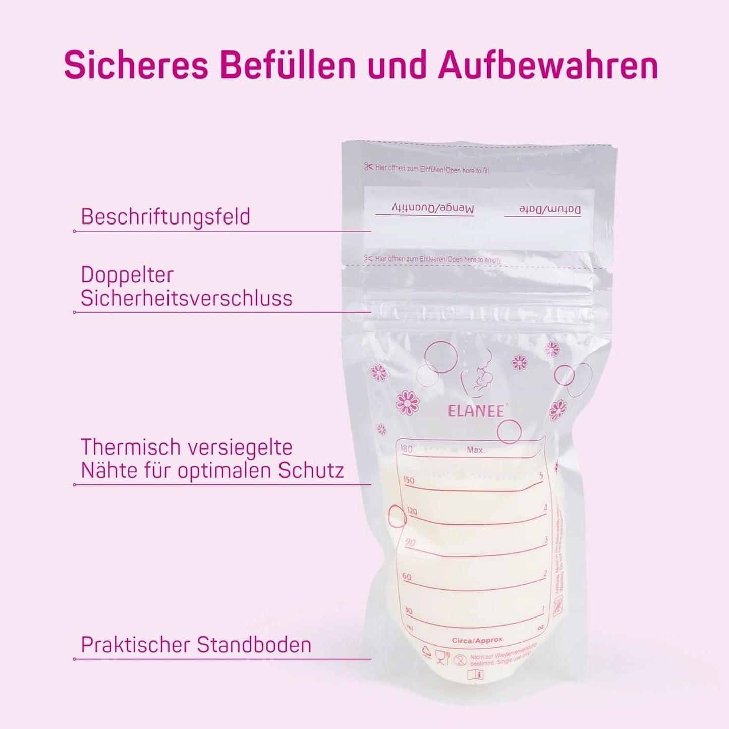 ELANEE Muttermilchbeutel, Aufbewahren & Einfrieren Von Muttermilch, Geschmackneutral Und Vorsterilisiert, Doppelter Sicherheitsverschluss, 20 Stück, Mit Standfuß (711-00) Żywność dla niemowląt i akcesoria do karmienia piersią Naty Shop
