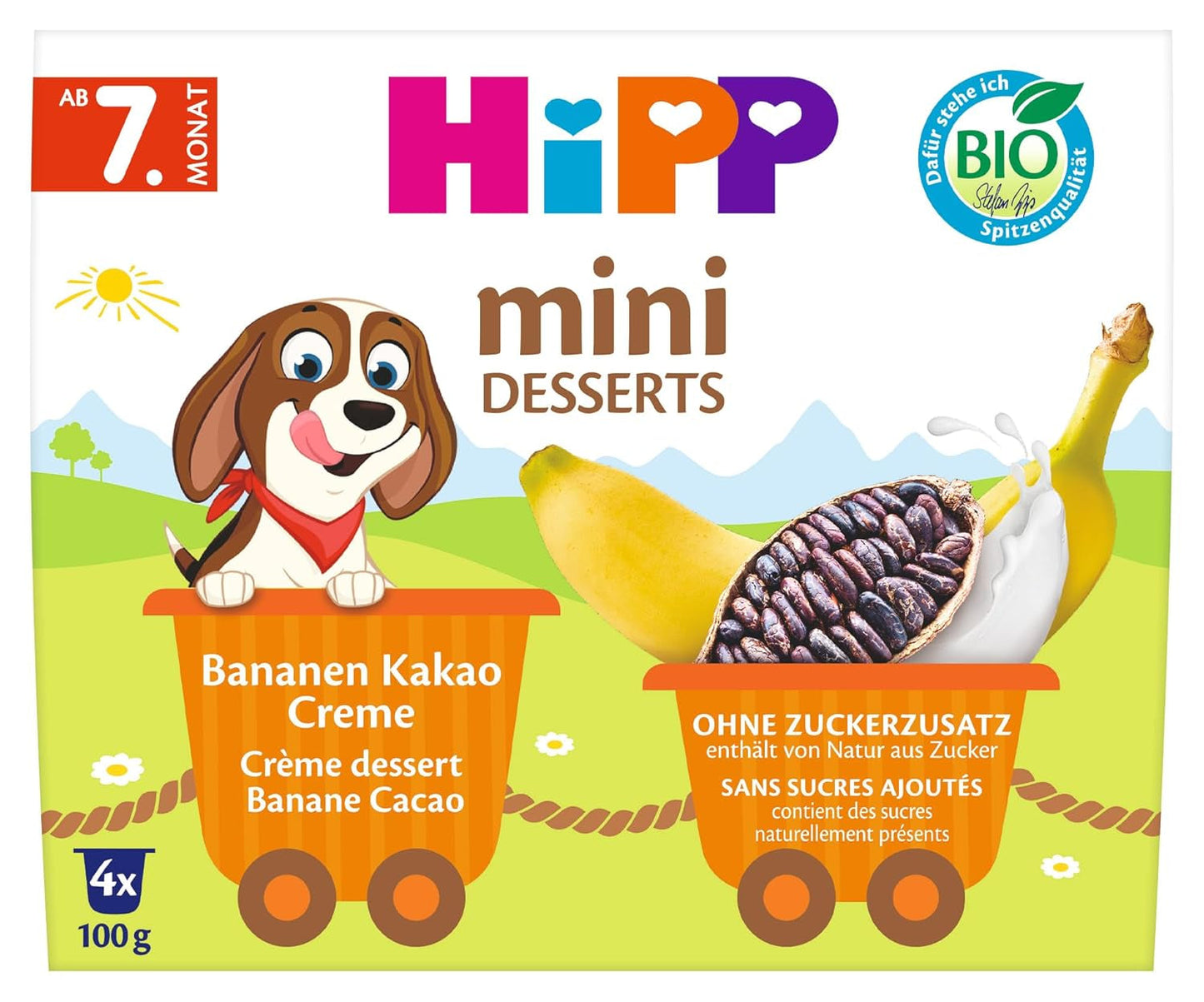 HiPP Mini Dessert Organiczny krem ​​bananowo-kakaowy (opakowanie 6 x 4 x 100 g), od 7 miesiąca życia, w praktycznych kubeczkach, bez dodatku cukru, najwyższej jakości organicznej