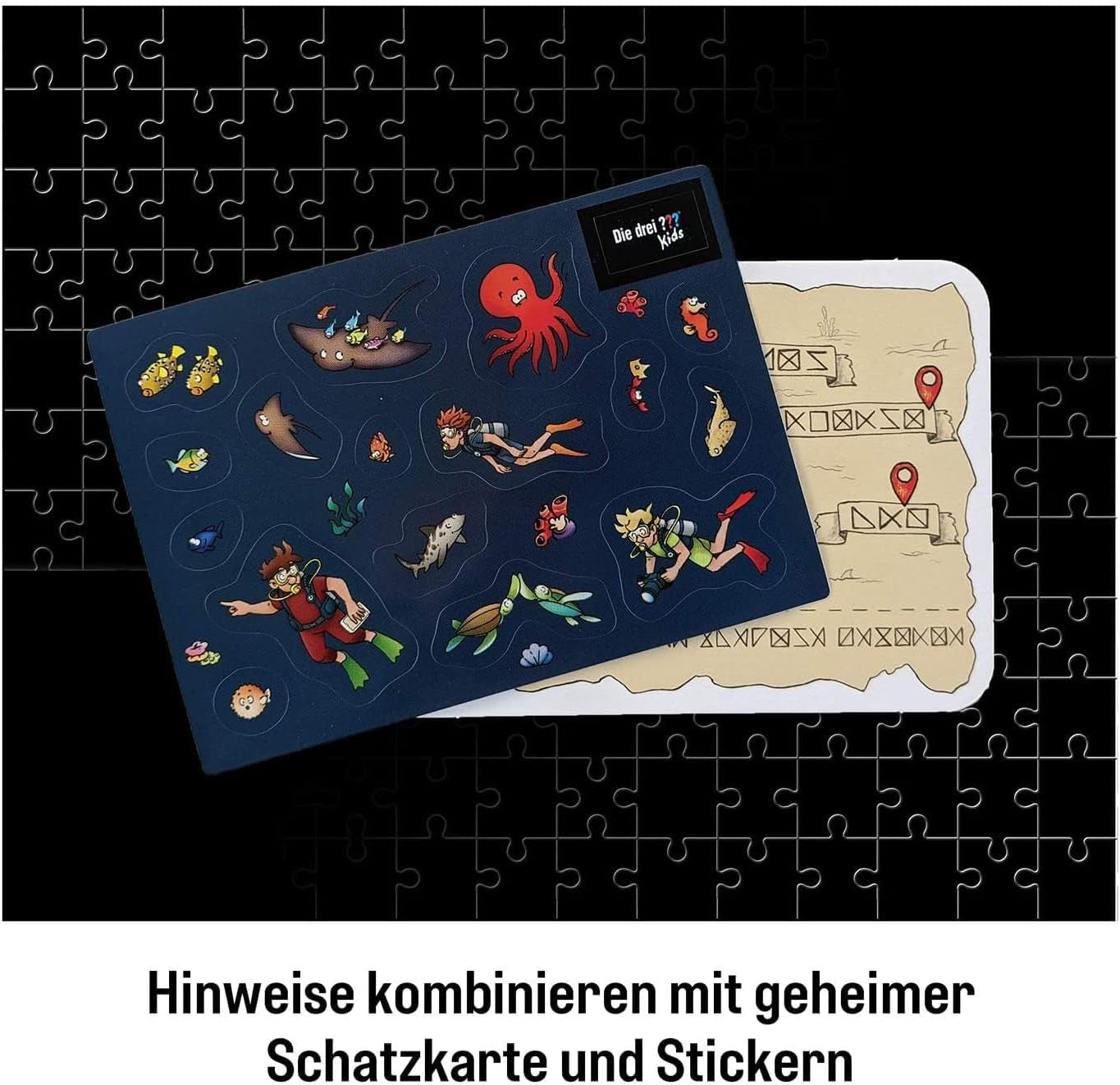 Umrzeć Drei??? Dzieci - Puzzle kryminalne - Uwaga, potwór morski Od KOSMOS 680664, 150 elementów, Świecące w ciemności, Czytanie, puzzle, rozwiązywanie zagadek, puzzle detektywistyczne dla dzieci od 7 roku życia Puzzle Naty Shop