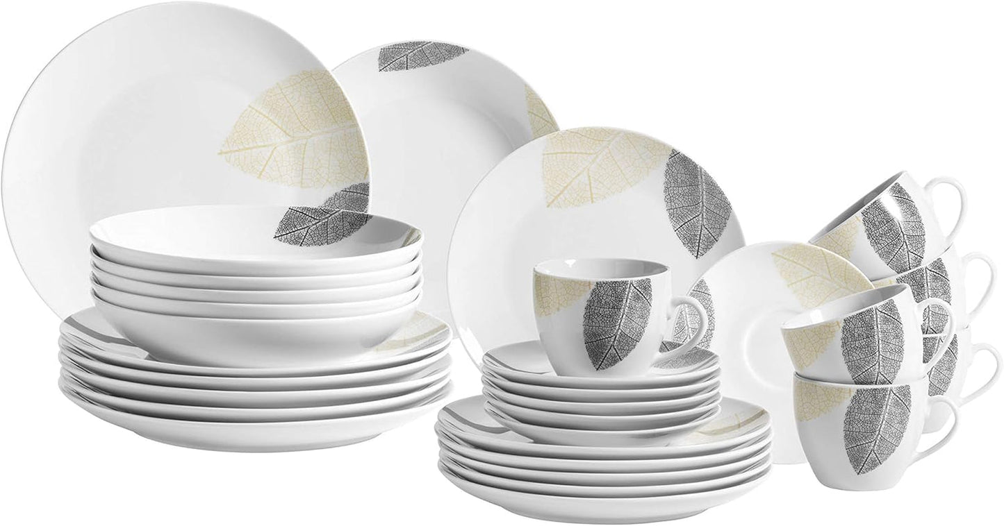 MĘSER 931215 Pięknie zdobiony zestaw zastawy stołowej dla 6 osób, łączony serwis 30 sztuk, o kształtach bezramowych, porcelana, biały