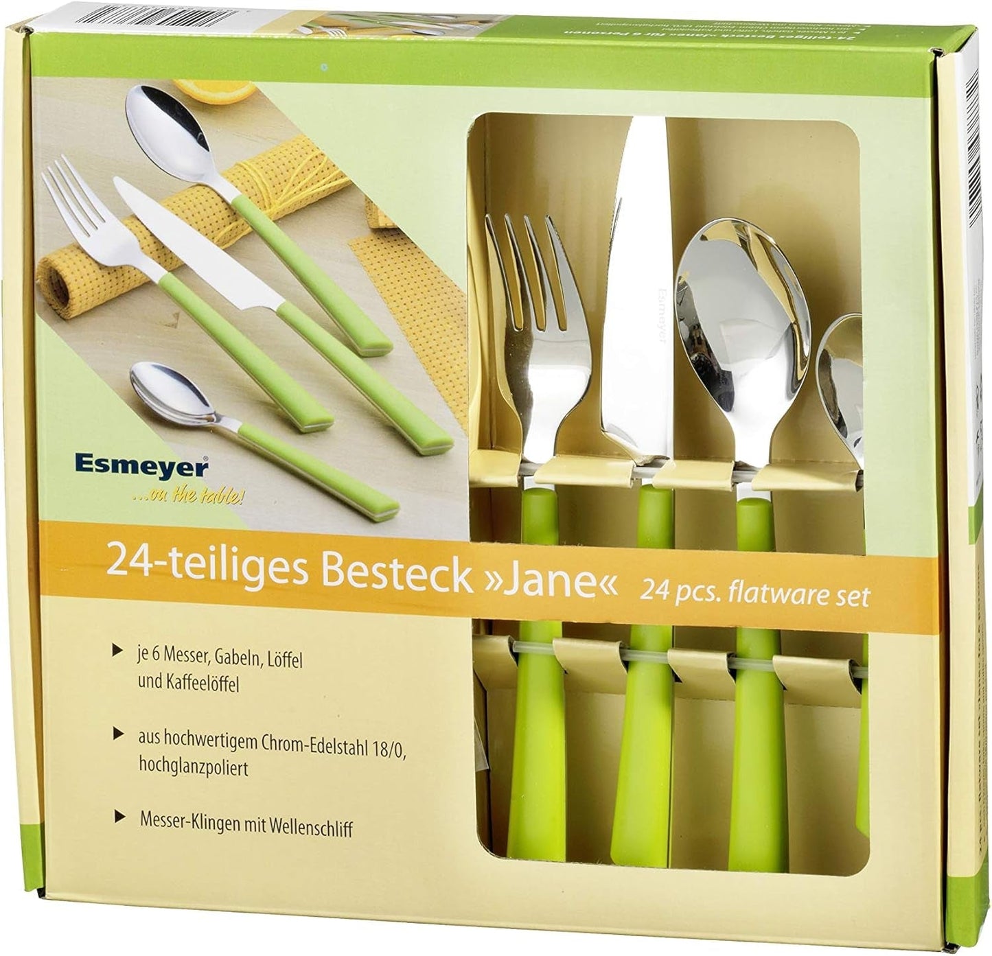 Sztućce JANE, stal nierdzewna polerowana 18/0, zielone plastikowe uchwyty, 24 sztuki Kitchen Naty Shop