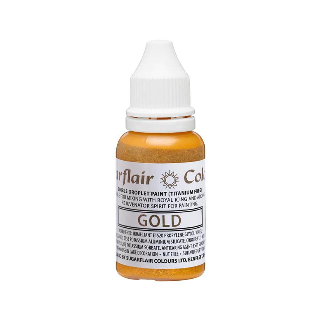 Sugarflair Edible Drop Paint Liquid Gold - Barwnik spożywczy do pasty cukrowej, kremu maślanego - Można stosować z aerografem - 14ml
