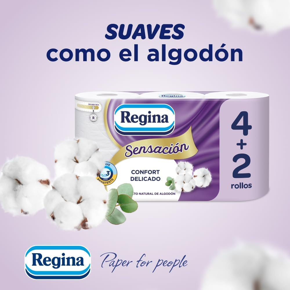 Regina Feeling - 42 rolki papieru toaletowego, 175 arkuszy z trzema warstwami, naturalny ekstrakt z bawełny i delikatny zapach, opakowanie plastikowe w 60% z recyklingu, papier w 100% z certyfikatem Fsc
