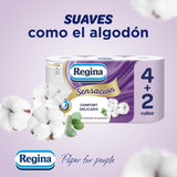 Regina Feeling - 42 rolki papieru toaletowego, 175 arkuszy z trzema warstwami, naturalny ekstrakt z bawełny i delikatny zapach, opakowanie plastikowe w 60% z recyklingu, papier w 100% z certyfikatem Fsc