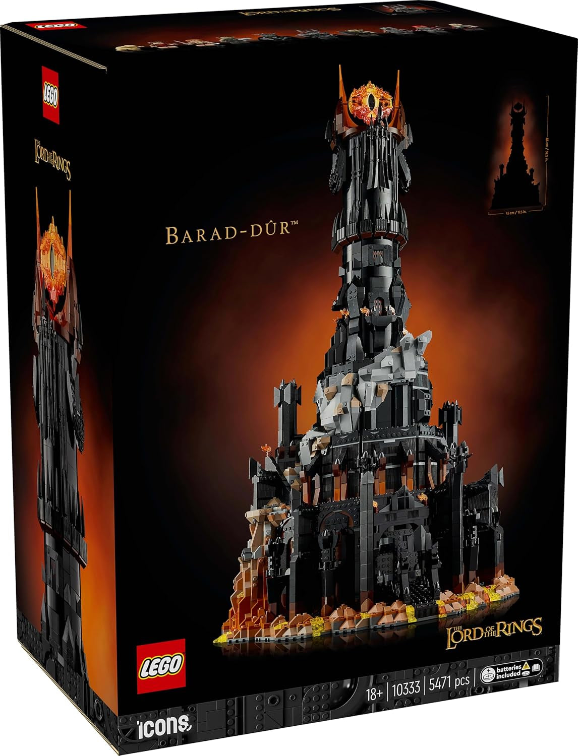 Ikony LEGO Władca Pierścieni: Zestaw do budowania dla dorosłych Barad-Door z minifigurkami Saurona, Gothmoga, Orka, Froda, Sama i Golluma Pamiątki filmowe Kolekcja dla fanów 10333 Zestawy do budowania Szukaj w sklepie LEGO