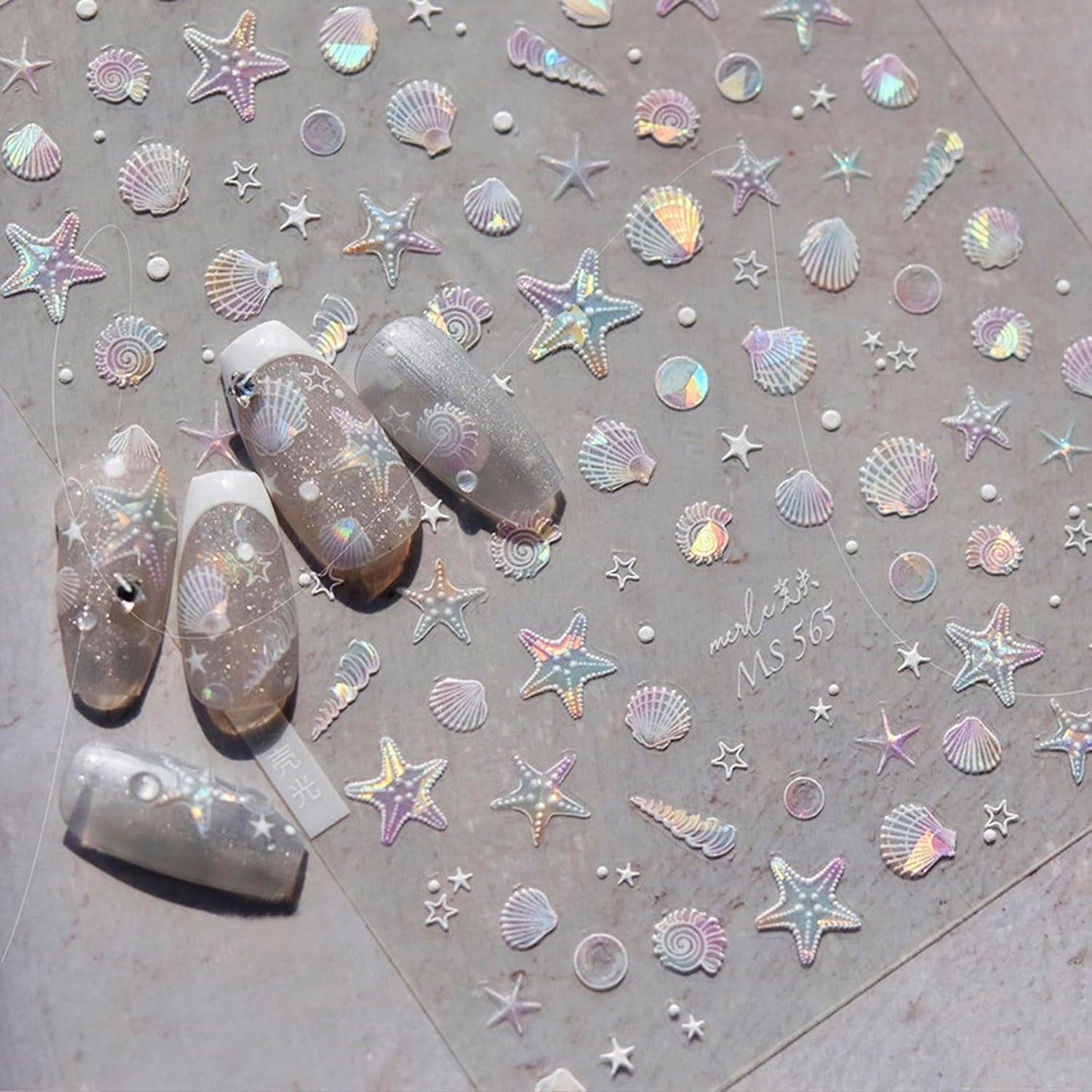 JMEOWIO 3D Nagelsticker Aurora Muschel Seestern Nail Art Naklejka Selbstklebend Nagelaufkleber 5D Stereoskopisch Ozean Thema Dekoration Nageldesign Zubehör 1 Blatt