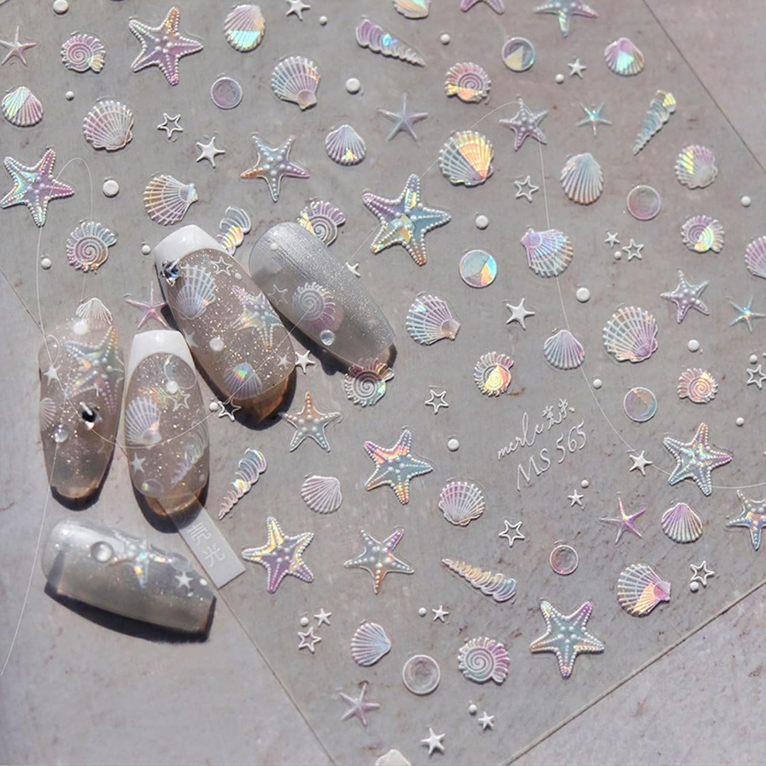 JMEOWIO 3D Nagelsticker Aurora Muschel Seestern Nail Art Naklejka Selbstklebend Nagelaufkleber 5D Stereoskopisch Ozean Thema Dekoration Nageldesign Zubehör 1 Blatt