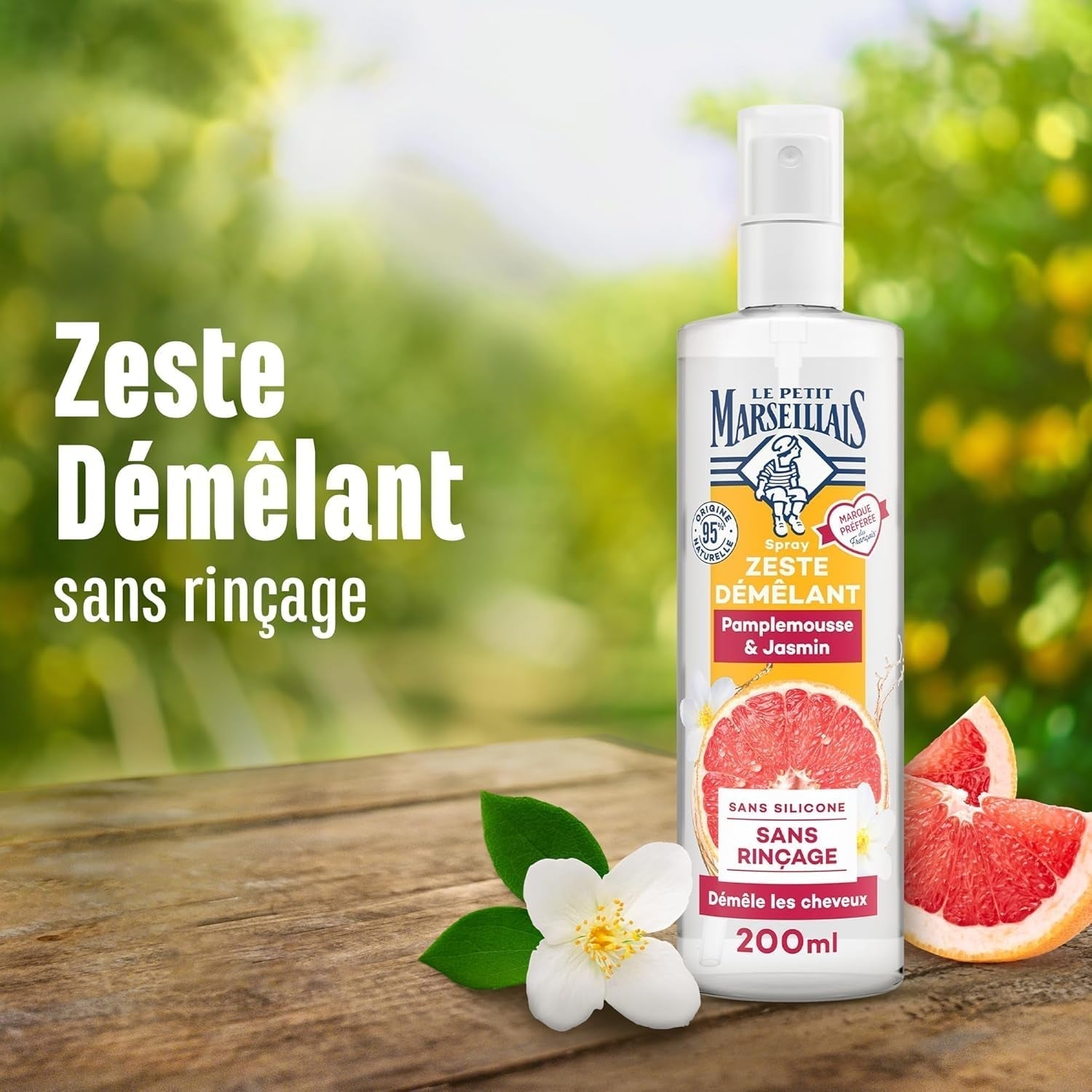 Le Petit Marsylia | Spray ułatwiający rozczesywanie z grejpfrutem i jaśminem (butelka 200ml) - pielęgnacja bez spłukiwania - w 95% naturalny i bez silikonu Produkty do rozczesywania włosów Naty Shop