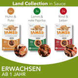 IAMS Delights Land Collection Mokra karma dla kotów - Opakowanie zbiorcze z różnymi rodzajami mięsa (jagnięcina, wołowina, kurczak i indyk) w sosie, mokra karma dla kotów od 1 roku, 12 x 85g