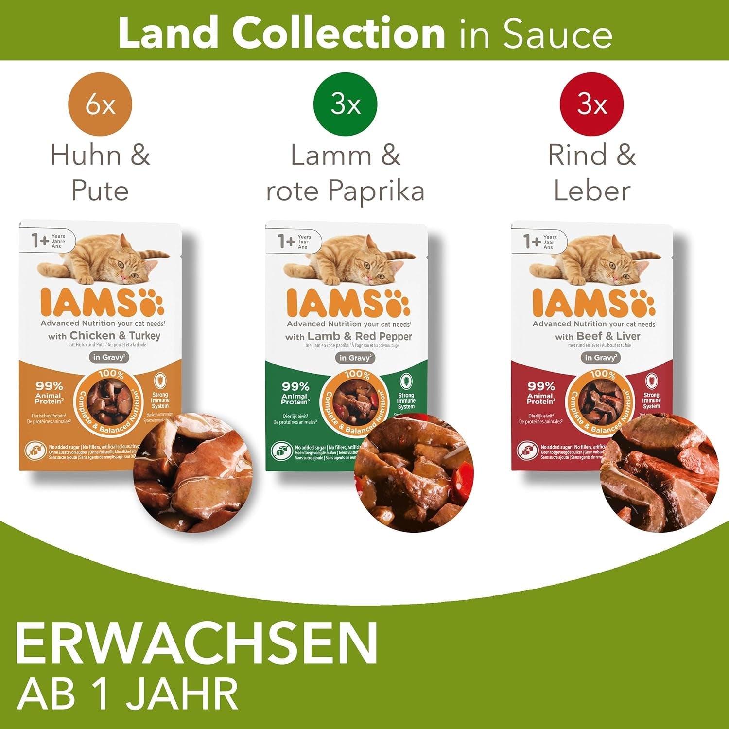 IAMS Delights Land Collection Mokra karma dla kotów - Opakowanie zbiorcze z różnymi rodzajami mięsa (jagnięcina, wołowina, kurczak i indyk) w sosie, mokra karma dla kotów od 1 roku, 12 x 85g
