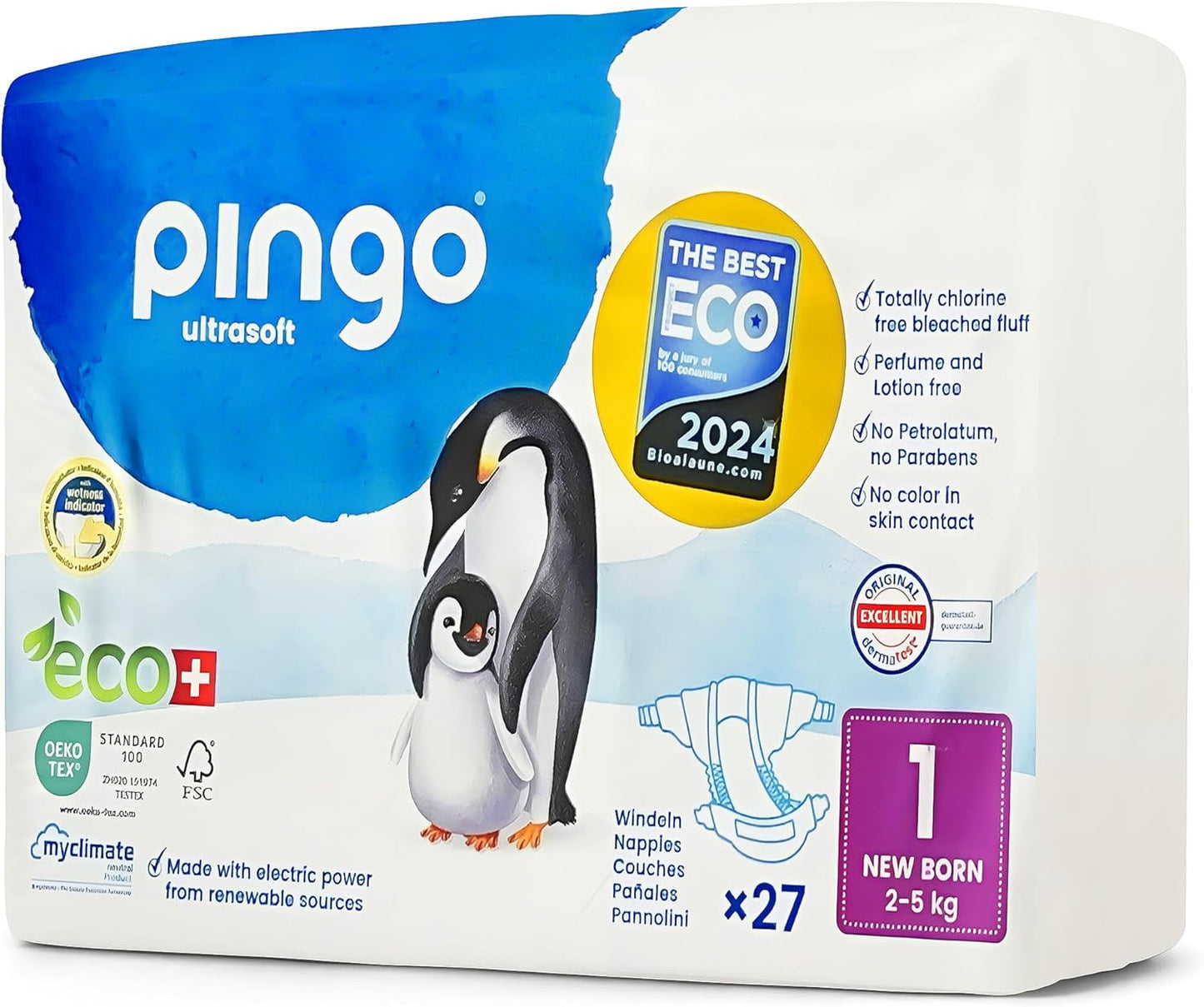 Ekologiczne pieluszki rozmiar 1 dla noworodków (2-5 kg), 1 worek z 27 pieluchami