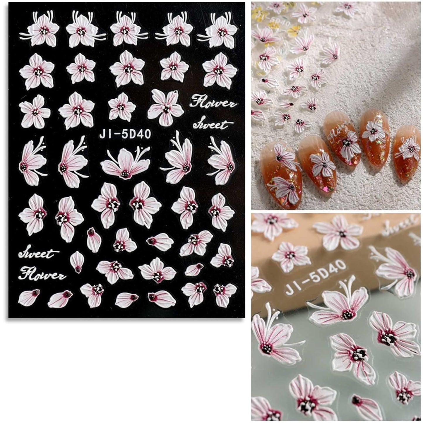 JMEOWIO 3D Nagelsticker Frühling Blume Nail Art Naklejka Selbstklebend Nagelaufkleber 5D Stereoskopisch Buntes Sommer Blumen Dekoration Nageldesign Zubehör 4 Blatt