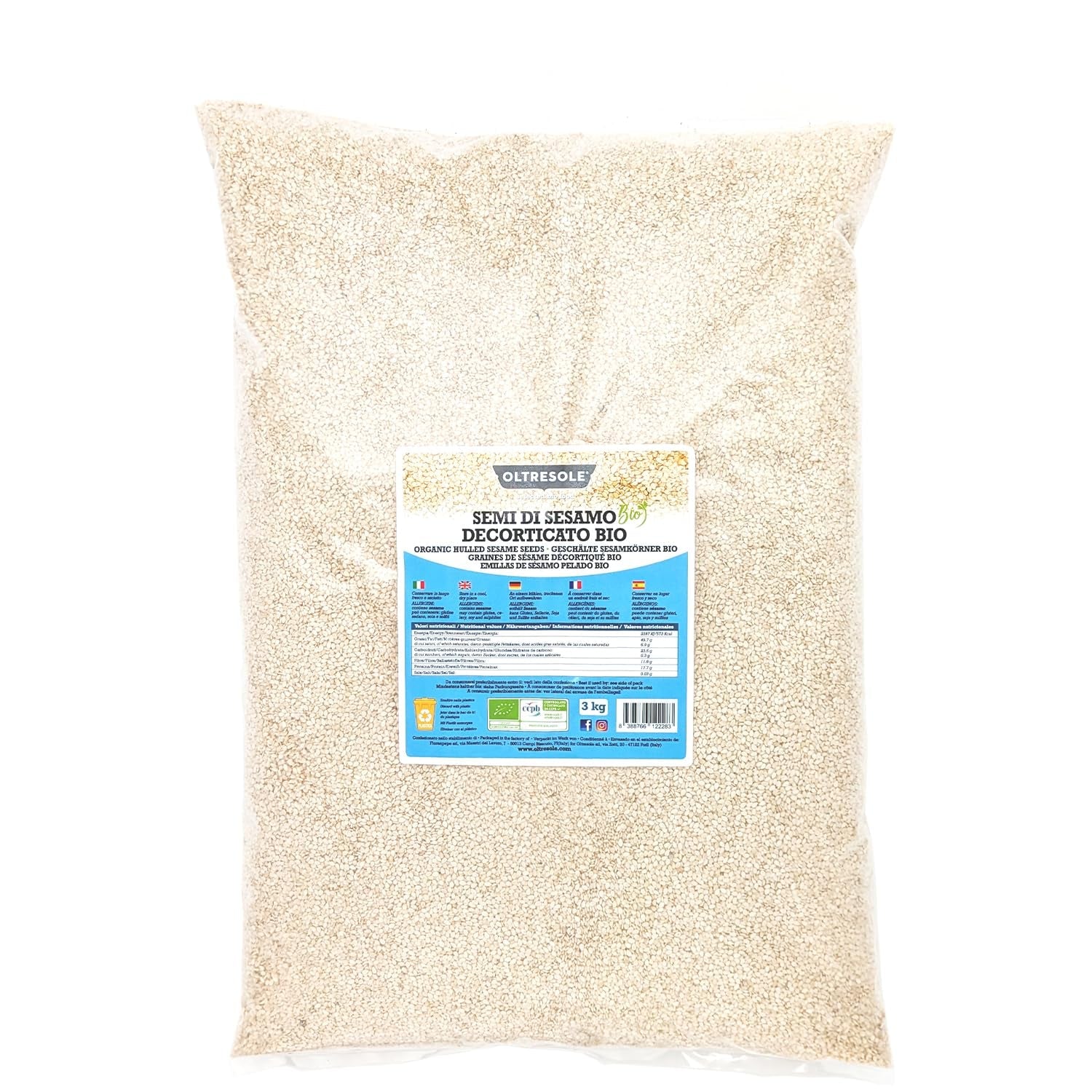 Organiczne nasiona sezamu 3 kg, surowe organiczne nasiona oleiste, biały sezam, naturalnie łuskane, niepalone, źródło wapnia i żelaza, pakiet ekonomiczny