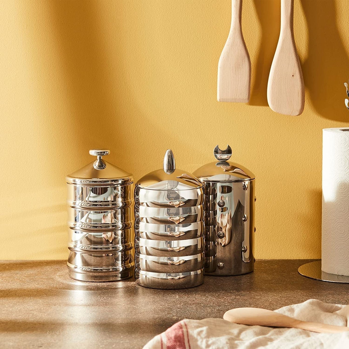 Alessi Kalistò 2 CB02 - Słoik kuchenny ze stali nierdzewnej 18/10 z aluminiową gałką, 114 cl, srebrny Pudełka do przechowywania żywności Naty Shop