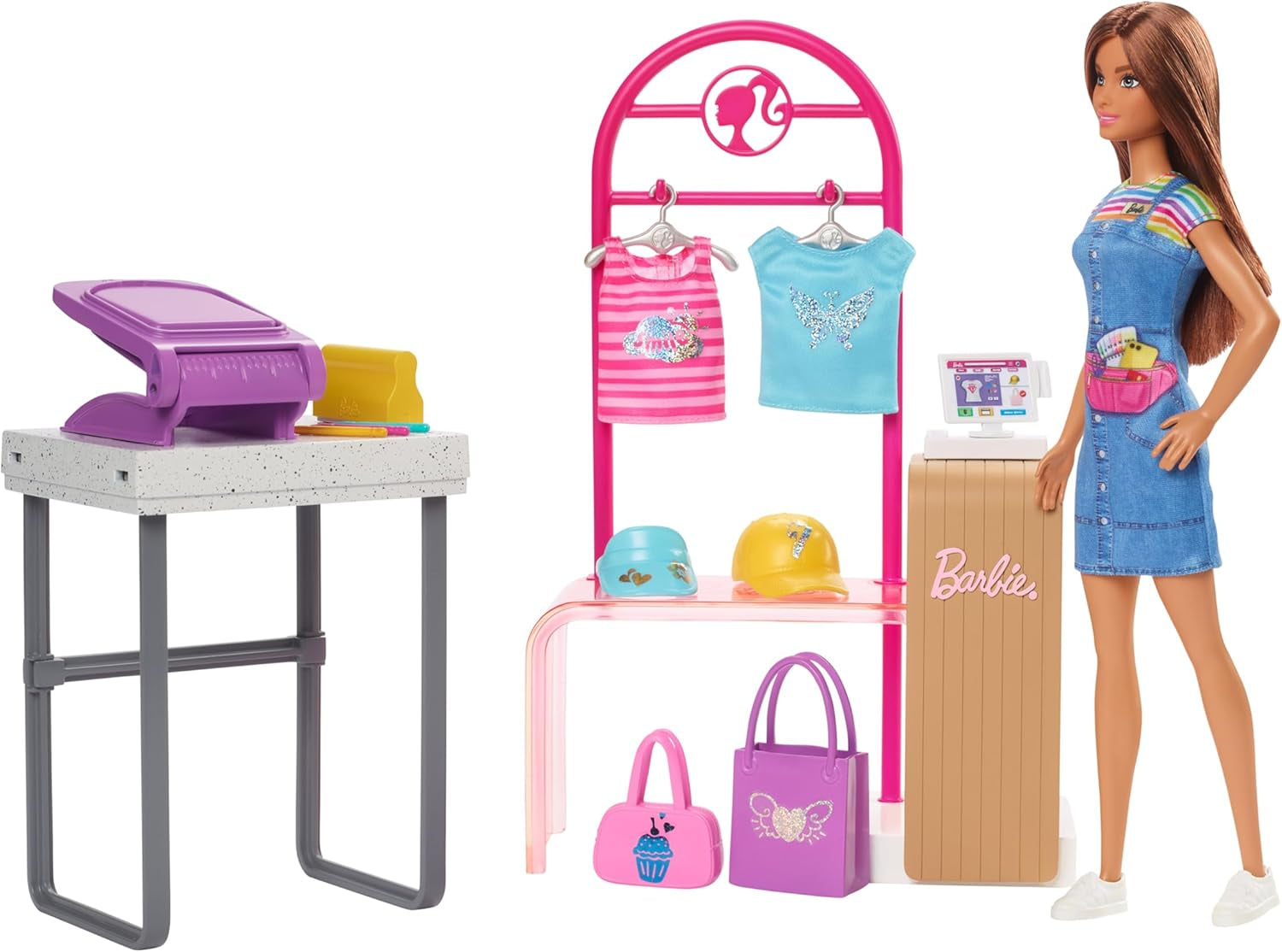 Zestaw Barbie Fashion Boutique - lalka ze wzorem w folię, ponad 150 oryginalnych kreacji, zawiera 2 bluzki i 5 arkuszy folii, stojak na ubrania i czytnik kart kredytowych, wiek powyżej 3 lat, HKT78