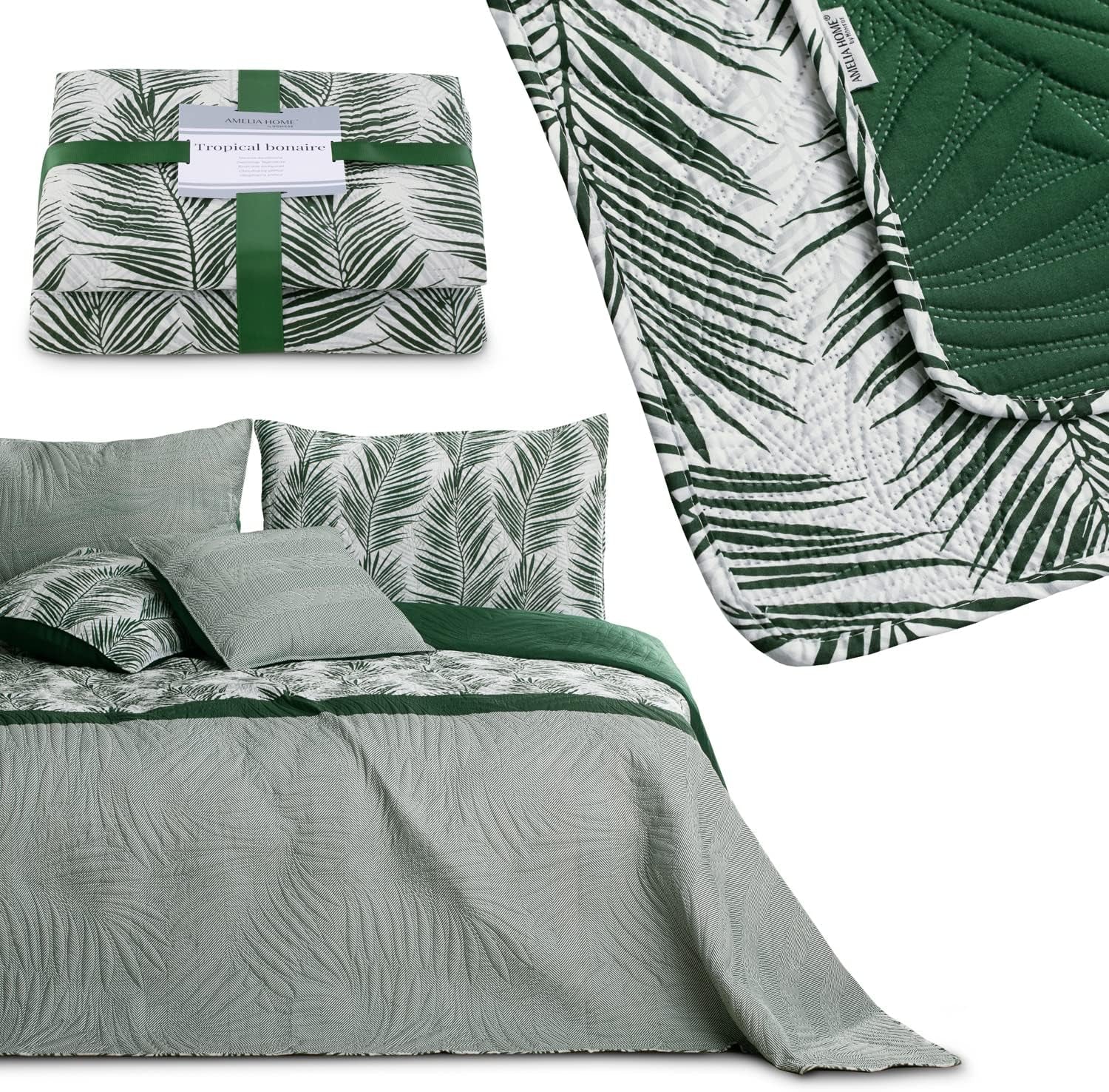 Ameliahome Narzuta Narzuta 170X210 cm Dwustronna, łatwa w pielęgnacji narzuta na łóżko Wzór roślinny Zielony Biały Tropikalny Bonaire Łóżka i koce Besuche den AmeliaHome-Store