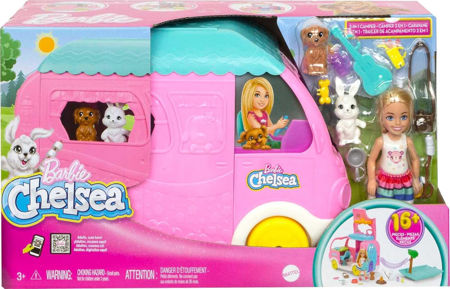 Przyczepa kempingowa Barbie Chelsea 2 w 1 — zabawkowy pojazd z basenem, hamakiem i jadalnią do kreatywnej zabawy i opowiadania historii, od 3 lat, HNH90