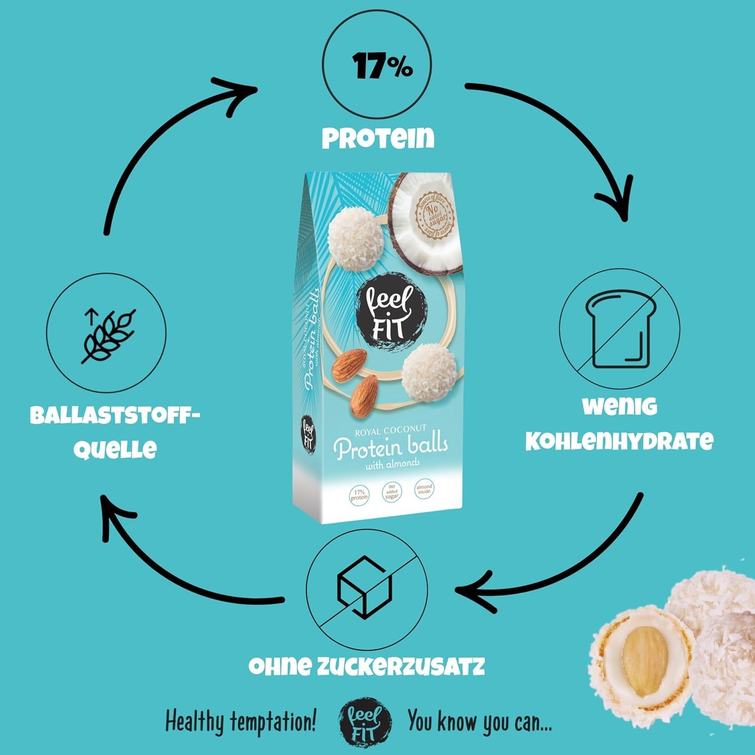 Praliny kokosowe bez cukru z migdałami, Feel FIT, bez dodatku cukru, 17% białka, 63 g